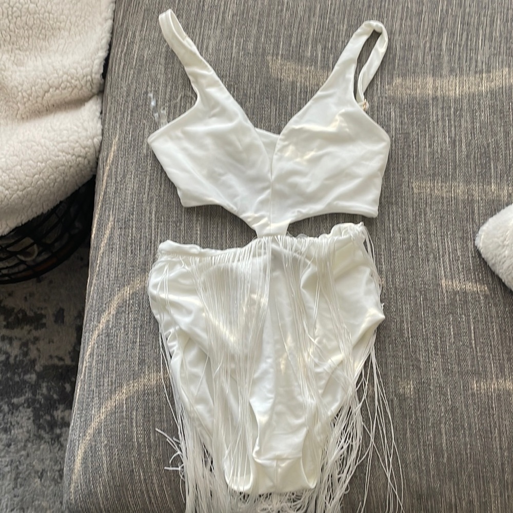 White tasseled bodysuit